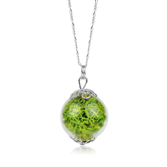 Green Moss Necklace - Terrarium 925 Sterling Silver Botanical Chain