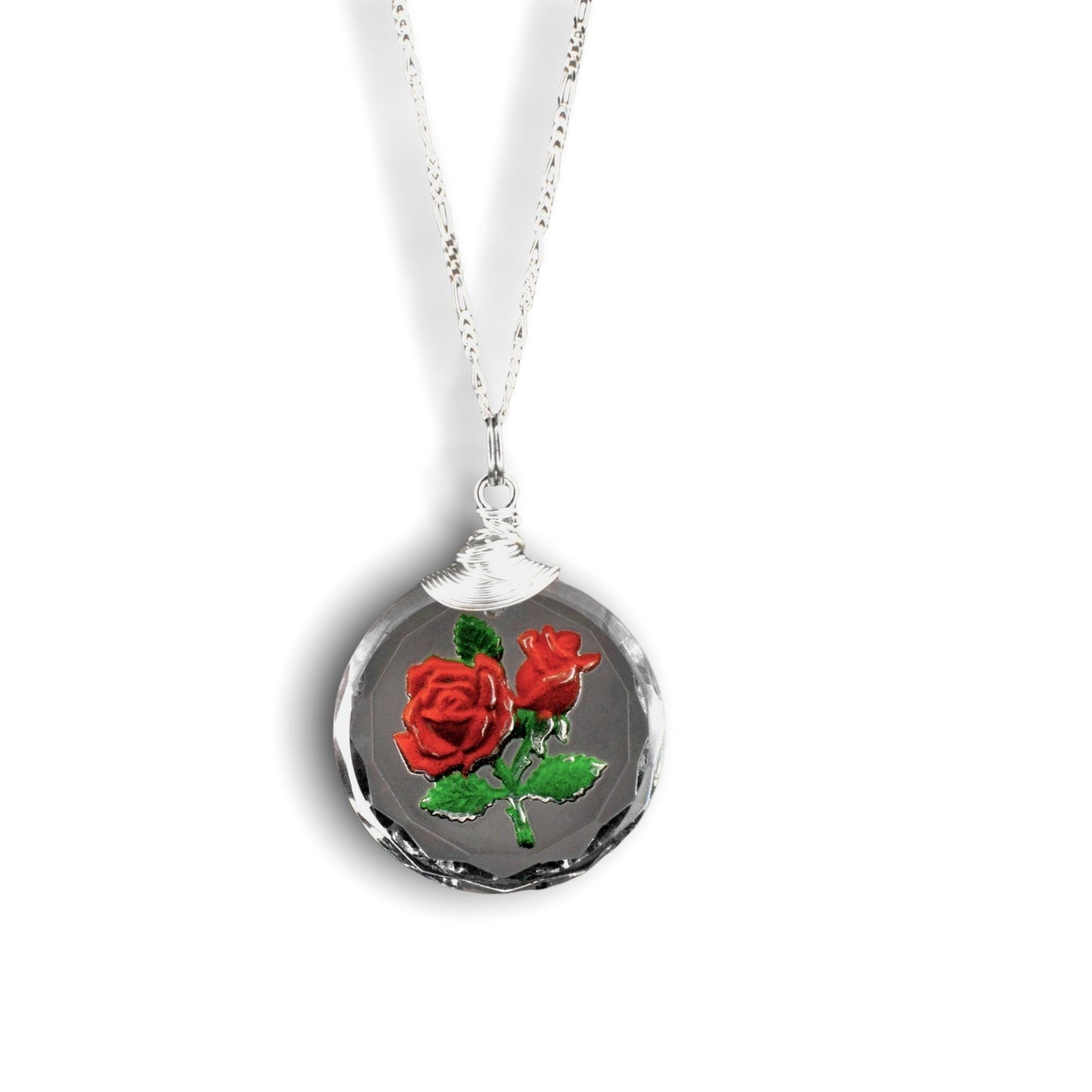 Frosted rose glass pendant chain - 925 sterling silver 3D symbolic…