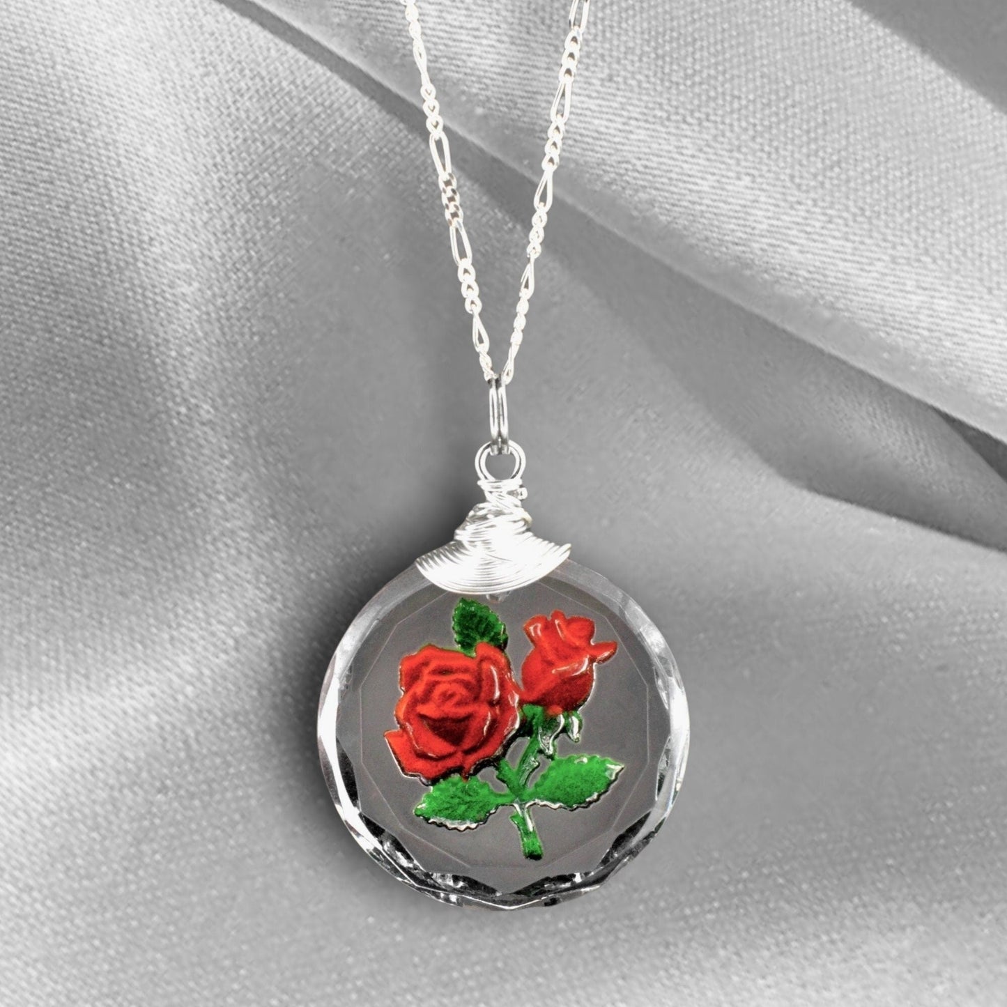 Frosted rose glass pendant chain - 925 sterling silver 3D symbolic…
