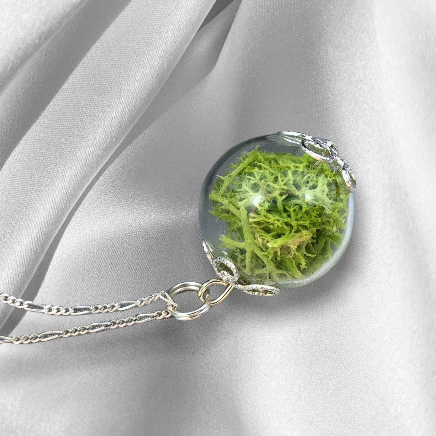 Green Moss Necklace - Terrarium 925 Sterling Silver Botanical Chain