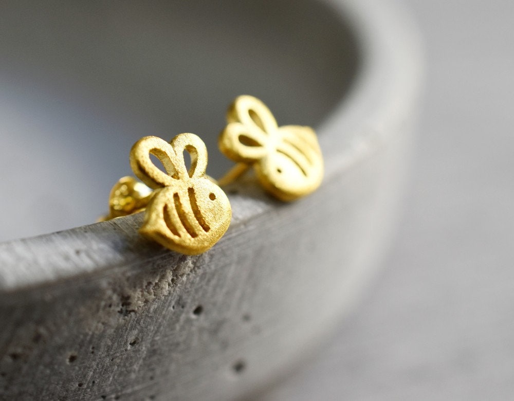 Bee Mini Stud Earrings - 925 Sterling Gold Gilded Earrings — 98