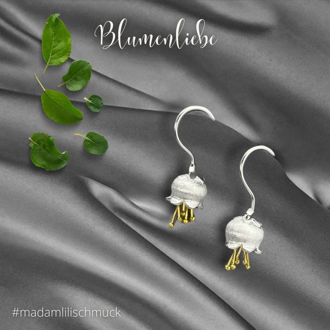 Bicolor Earrings - 925 Sterling Silver Maiglöckchen Botany Flower…