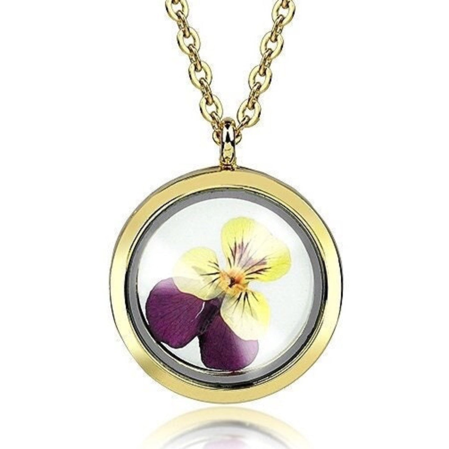 Pansy Glass Gold Locket Pendant Chain - Gold Plated Botany Floral…
