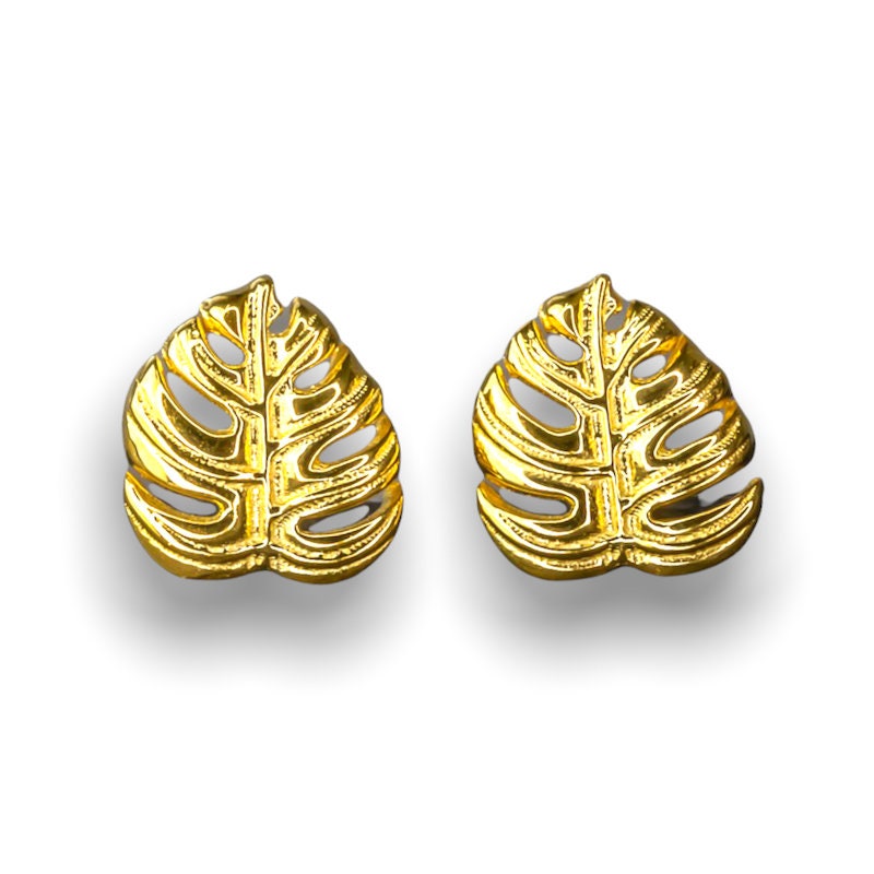 Monstera Leaf Stud Earrings - 925 Gold Gold Plated Exotic Leaves…