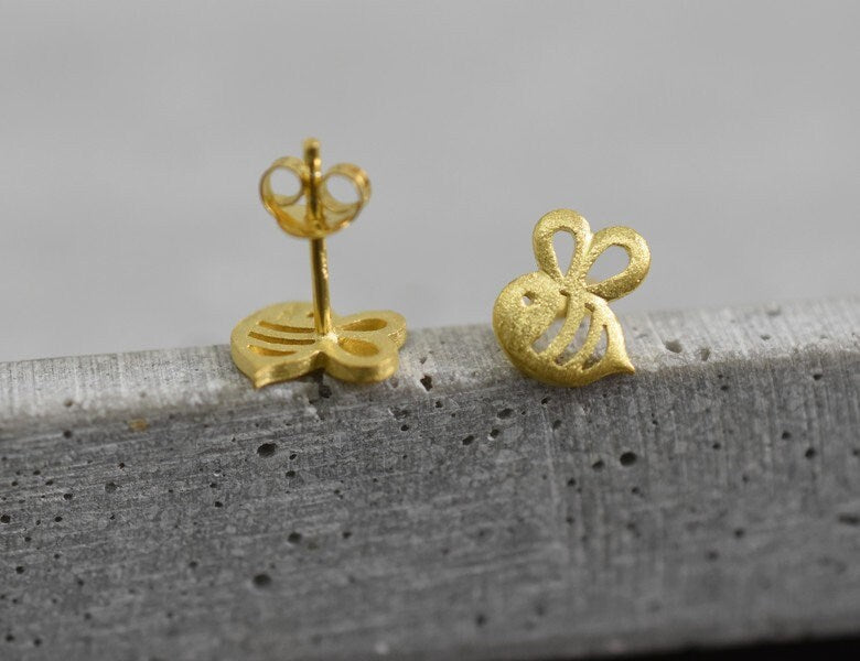 Bee Mini Stud Earrings - 925 Sterling Gold Gilded Earrings — 98