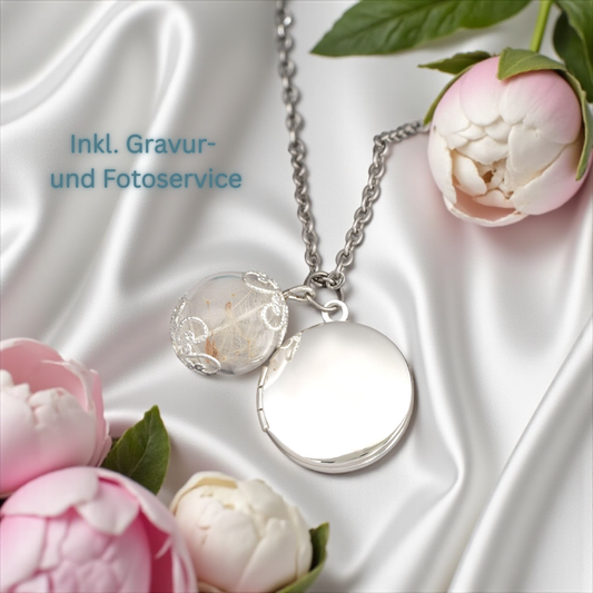 Customizable Dandelion Medallion Chain with Photoservice - Silver Plated