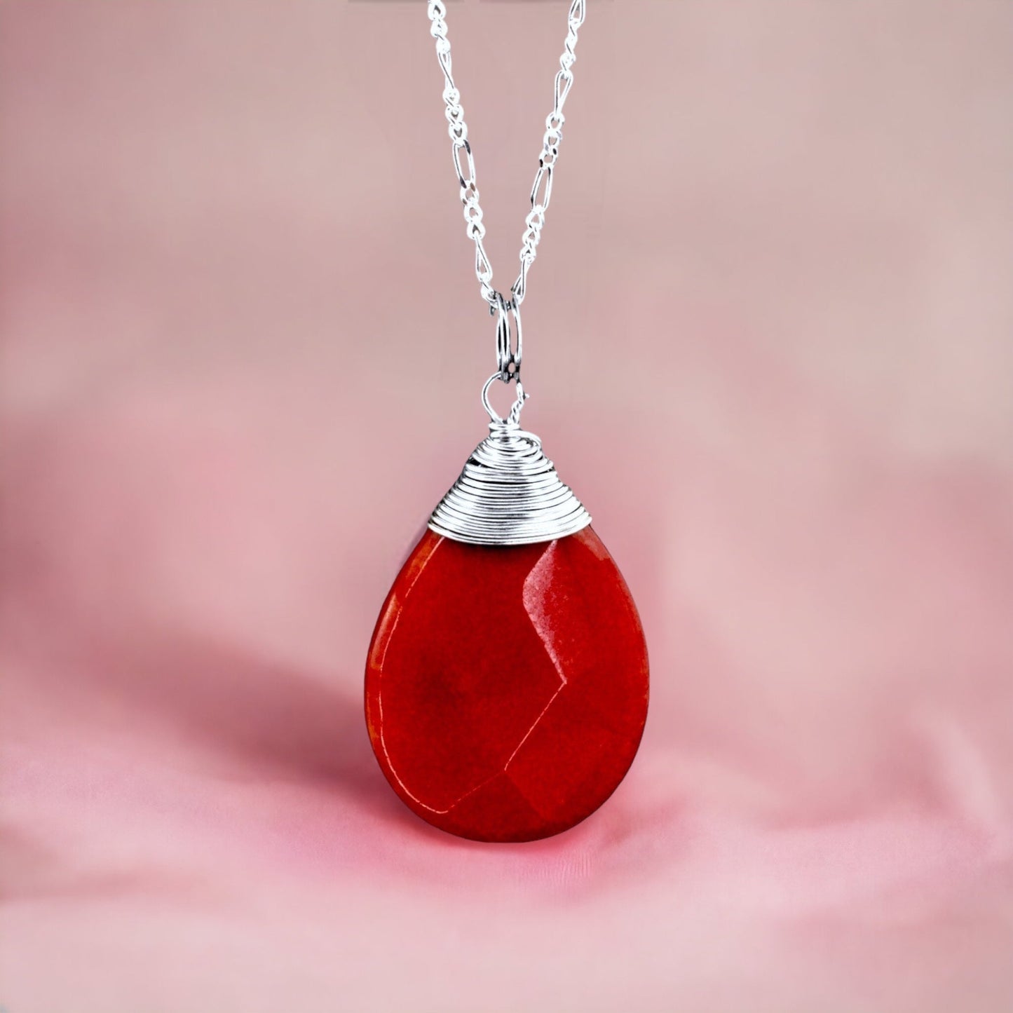 Jade Drop Silver Chain - 925 Sterling Pomegranate Crystal Red Gem…