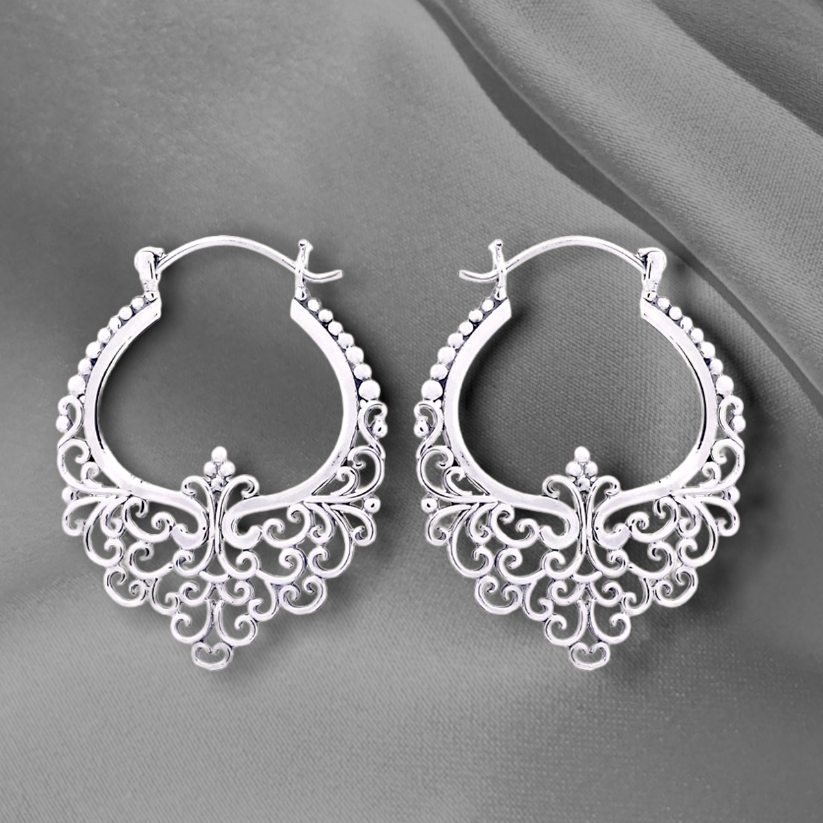 Good Karma Silver Lace Hoop Earrings - 925 Sterling Bohemian Style Dangle Earrings OHR925-11