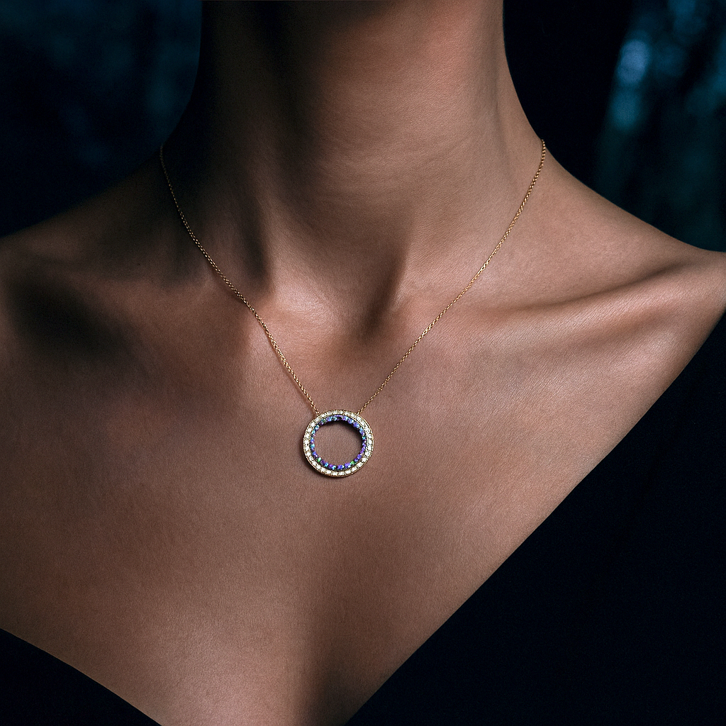 Galaxia Circle — 14k Gold Necklace with Blue & Violet Zirconia Pendant