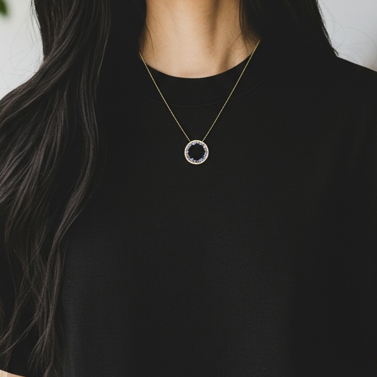 Galaxia Circle — 14k Gold Necklace with Blue & Violet Zirconia Pendant
