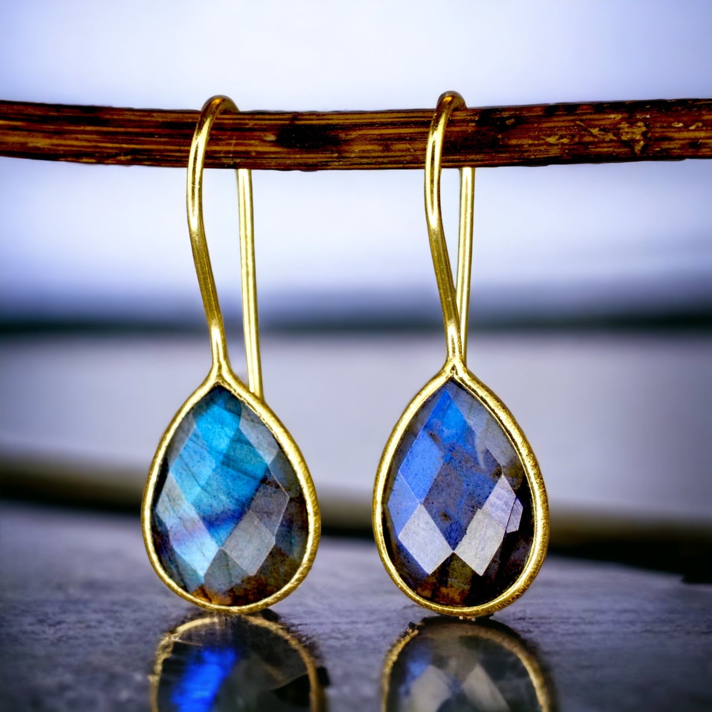 Labradorite Gemstone Earrings - 925 Sterling Silver Gold Plated
