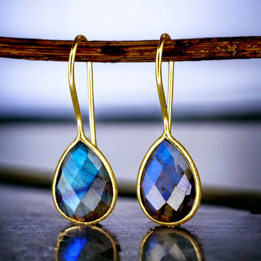 Labradorite Gemstone Earrings - 925 Sterling Silver Gold Plated