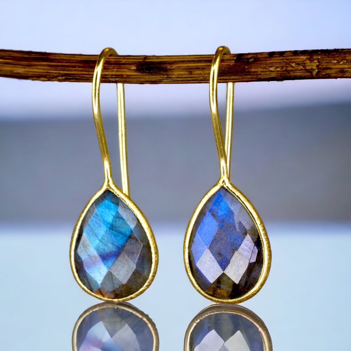 Labradorite Gemstone Earrings - 925 Sterling Silver Gold Plated