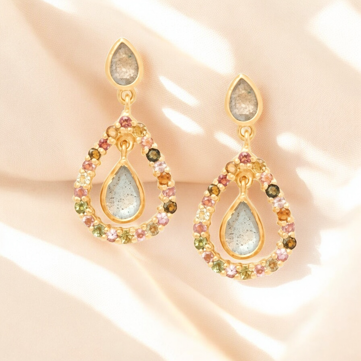 Luxurious 18K gold-plated 925 sterling silver earrings with labradorite & tourmaline – teardrop shape, handmade, 3.5 cm, hypoallergenic OHR925-17