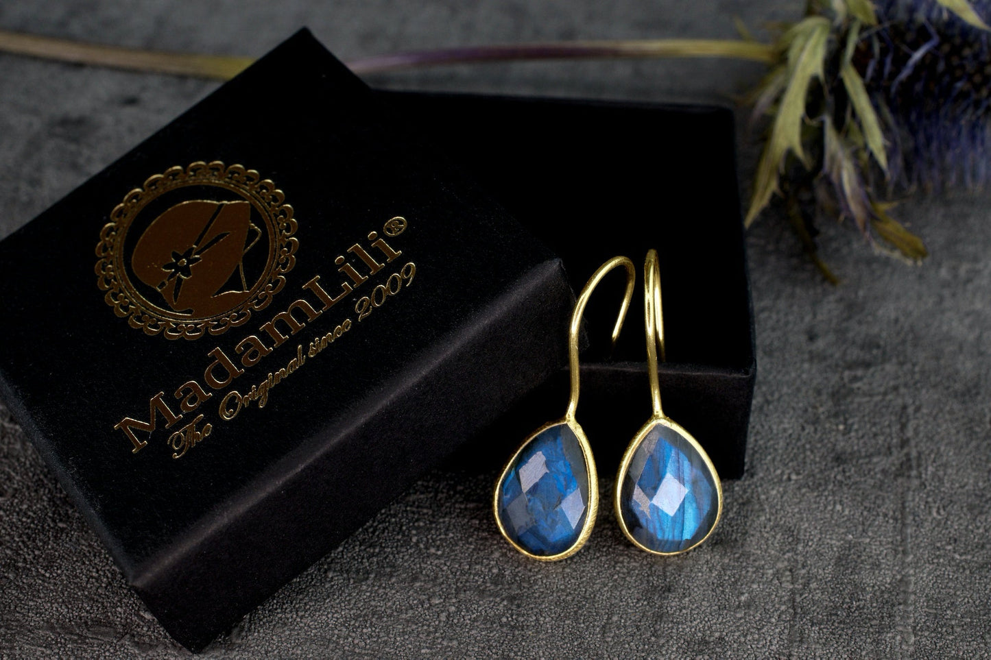 Labradorite Gemstone Earrings - 925 Sterling Silver Gold Plated