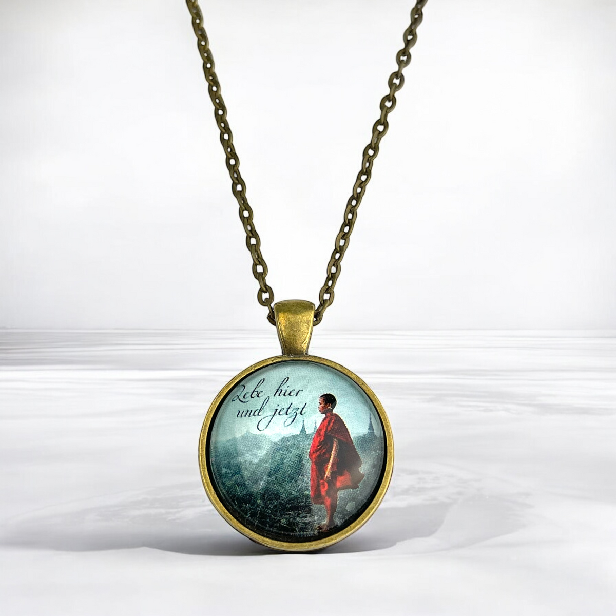 Bronze Locket Necklace "Live here and now" – Hypoallergenic, 70cm, Pendant 3cm diameter - VIK-10