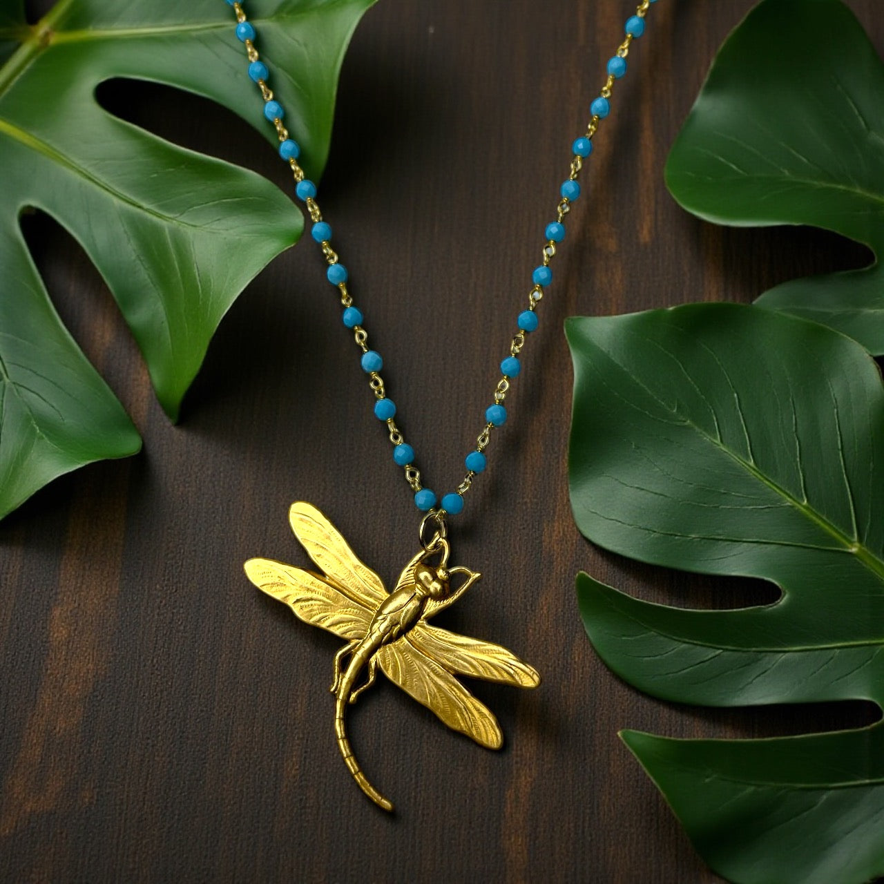 Turquoise gemstone necklace with gold-plated dragonfly, 60 cm…