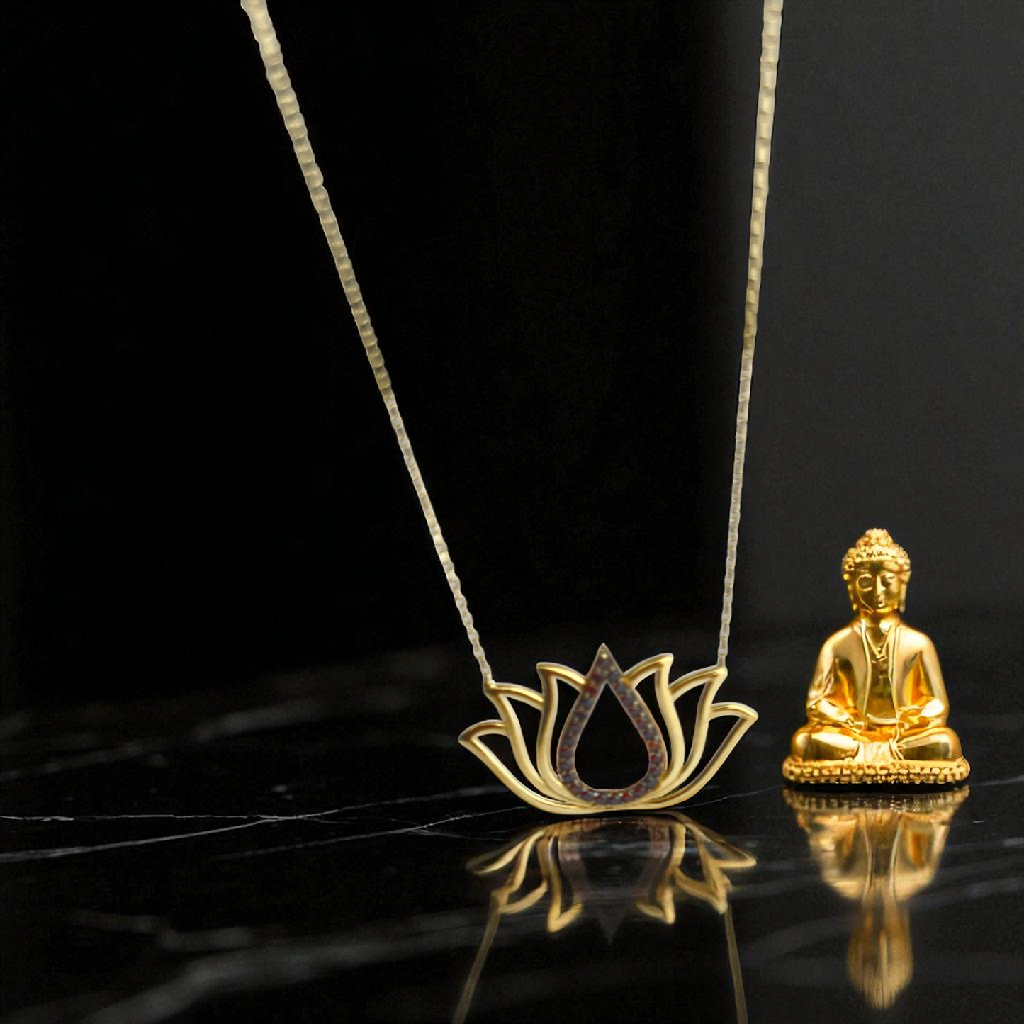 14k Gold 585 Lotus Necklace with Black Zirconia – Spiritual Women's…