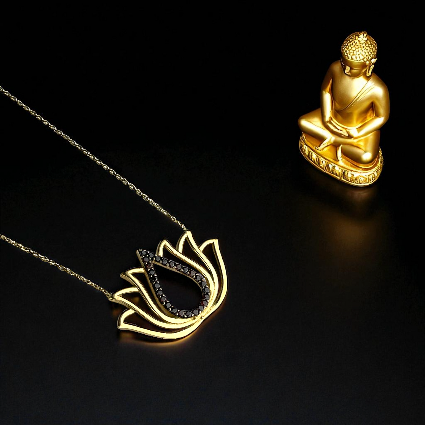 14k Gold 585 Lotus Necklace with Black Zirconia – Spiritual Women's…