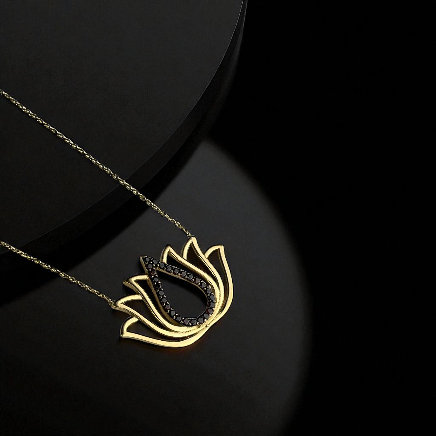14k Gold 585 Lotus Necklace with Black Zirconia – Spiritual Women's…