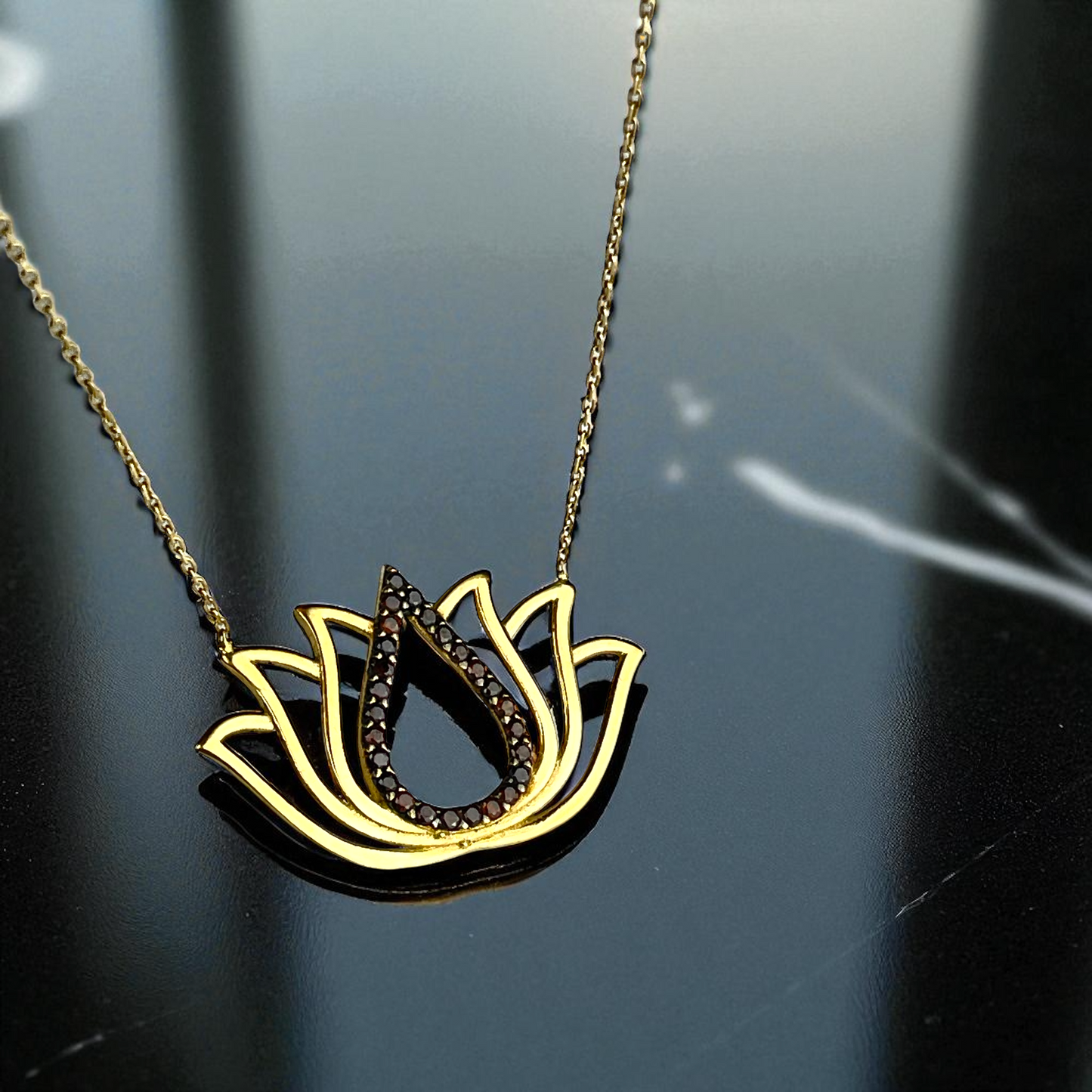 14k Gold 585 Lotus Necklace with Black Zirconia – Spiritual Women's…