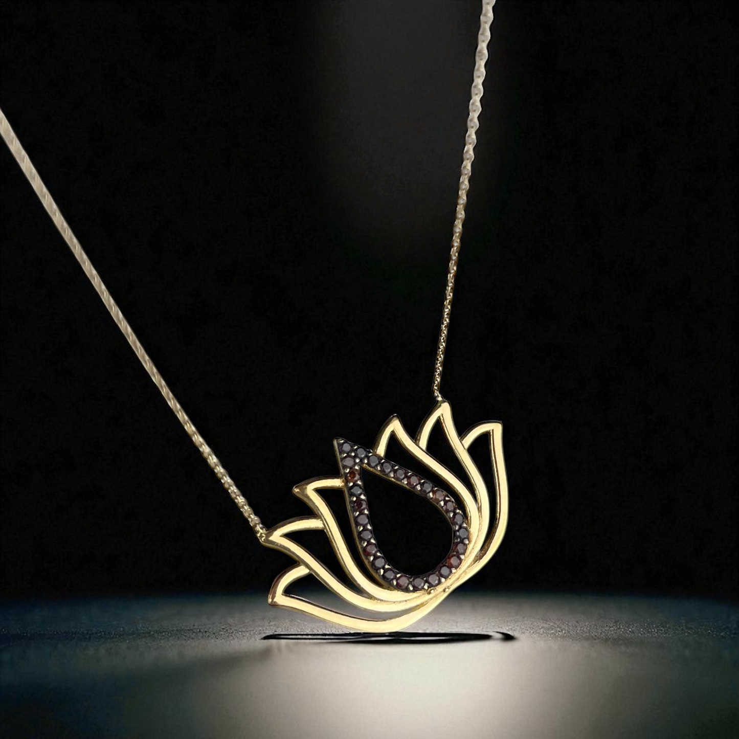 14k Gold 585 Lotus Necklace with Black Zirconia – Spiritual Women's…