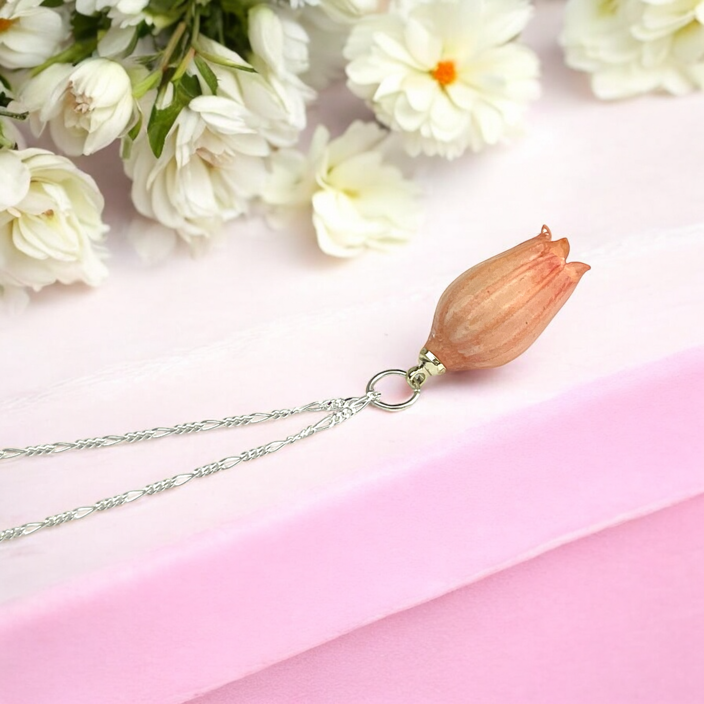 925 Sterling Silver Necklace with Pink Lily of the Valley Blossom…