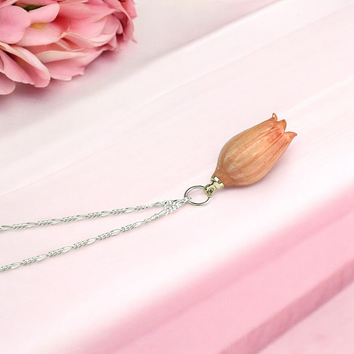 925 Sterling Silver Necklace with Pink Lily of the Valley Blossom…