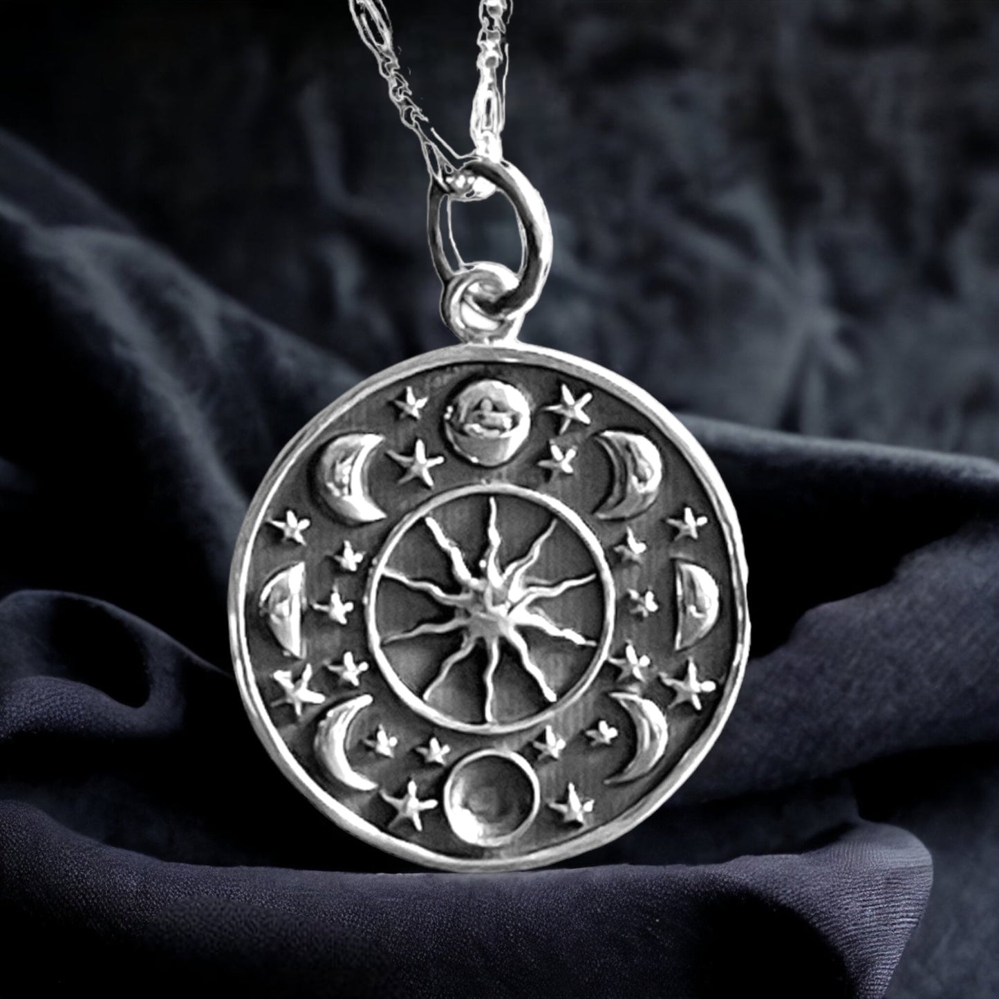 Moon Phase & Star Pendant 925 Sterling Silver Necklace