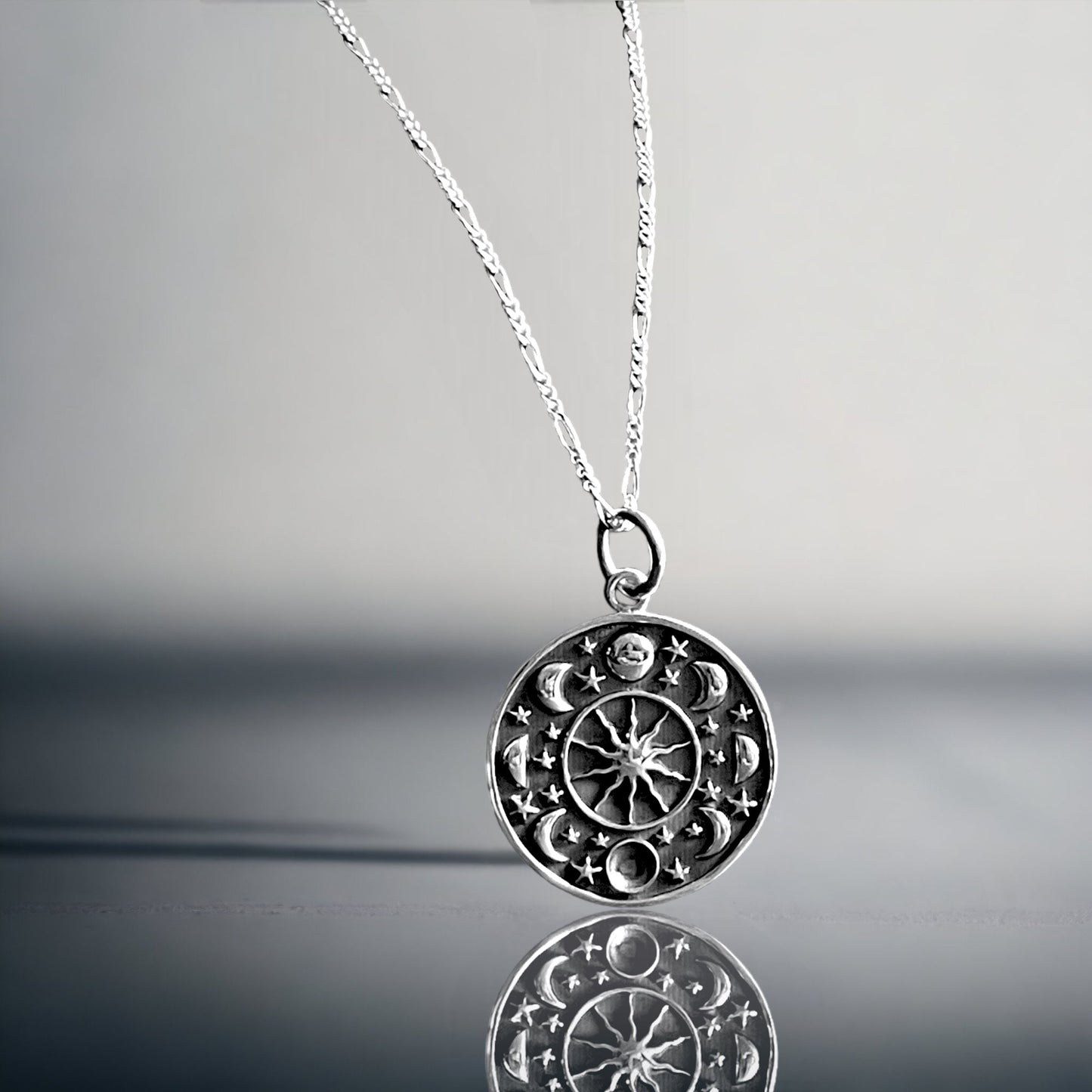 Moon Phase & Star Pendant 925 Sterling Silver Necklace