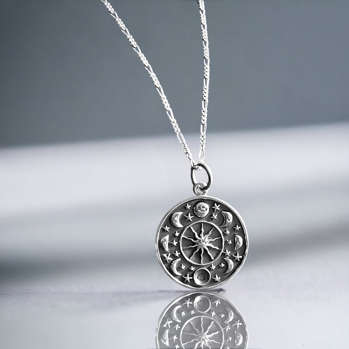 Moon Phase & Star Pendant 925 Sterling Silver Necklace