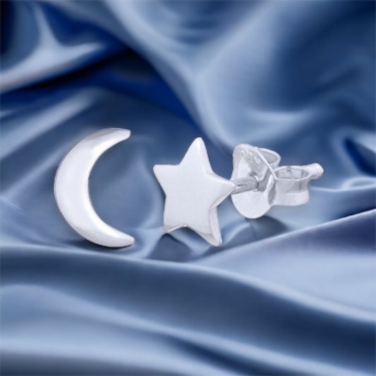 Moon Star Mini Stud Earrings - 925 Sterling Silver Minimalist Sky…
