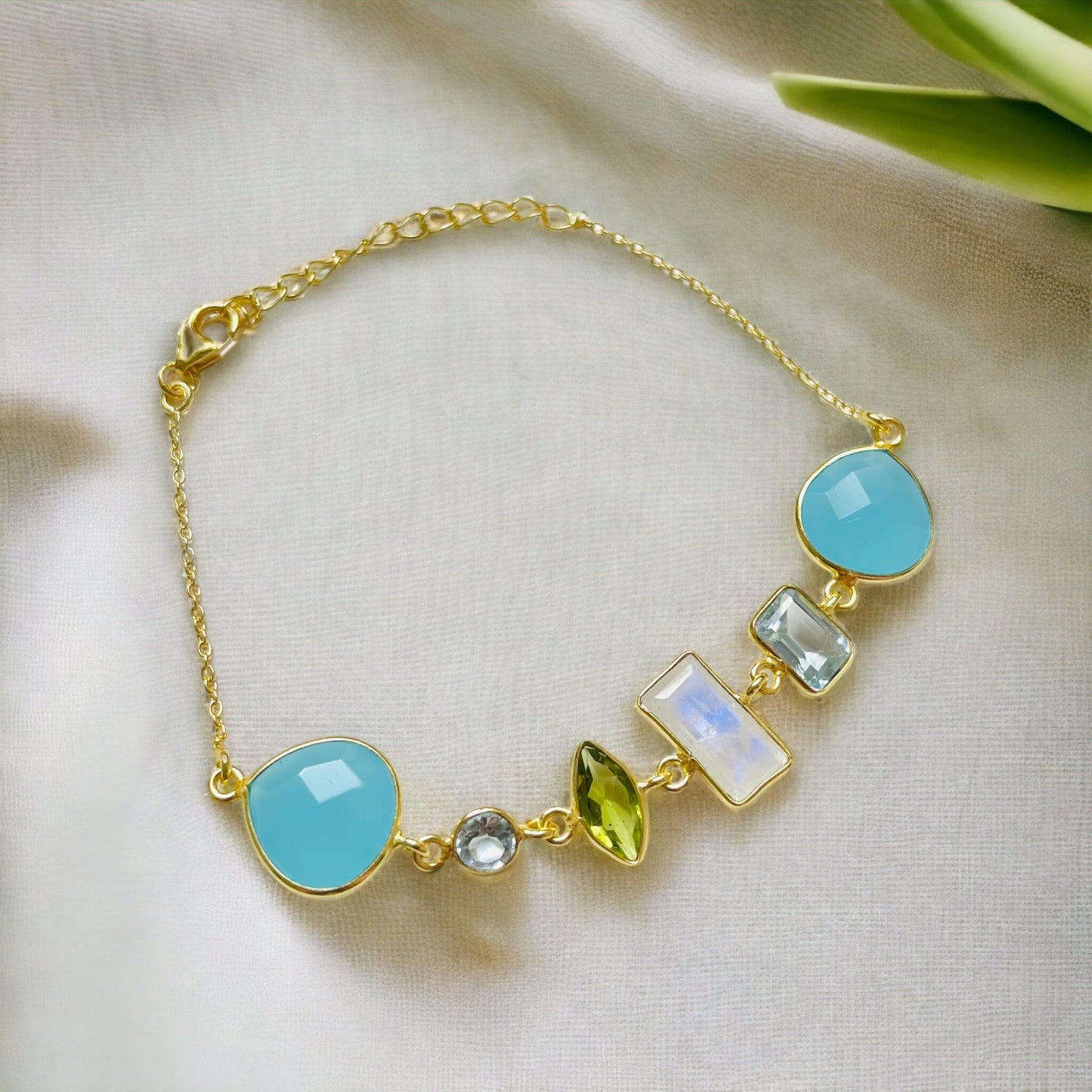 Multi Gemstone Bracelet - 925 Sterling Gold plated with Peridot…