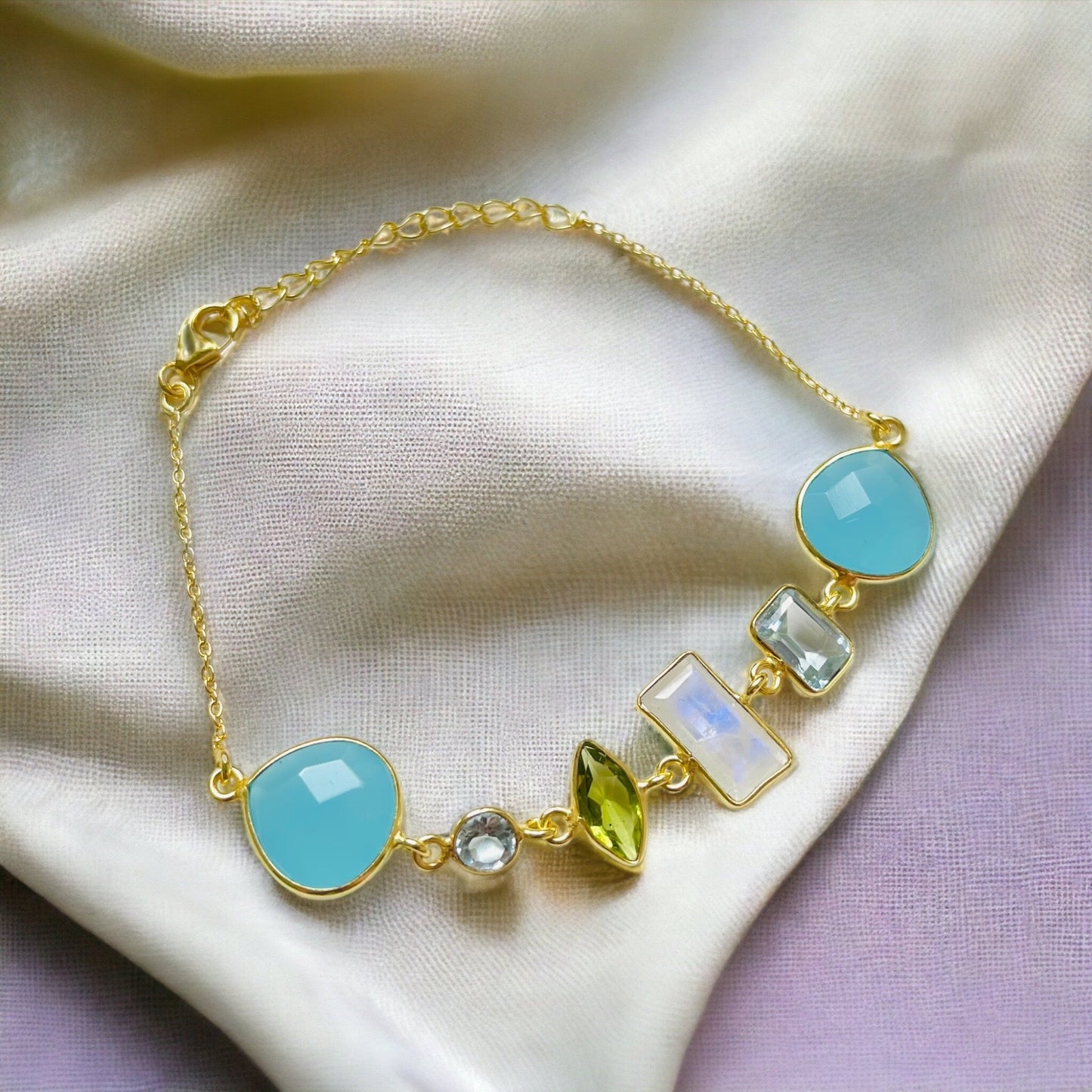 Multi Gemstone Bracelet - 925 Sterling Gold plated with Peridot…