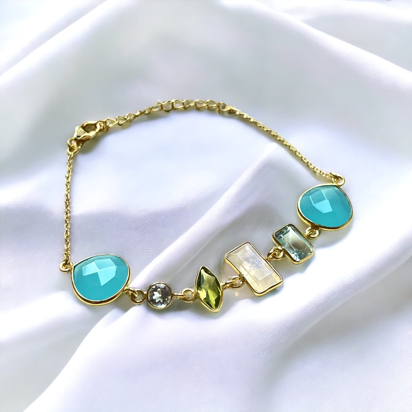 Multi Gemstone Bracelet - 925 Sterling Gold plated with Peridot…