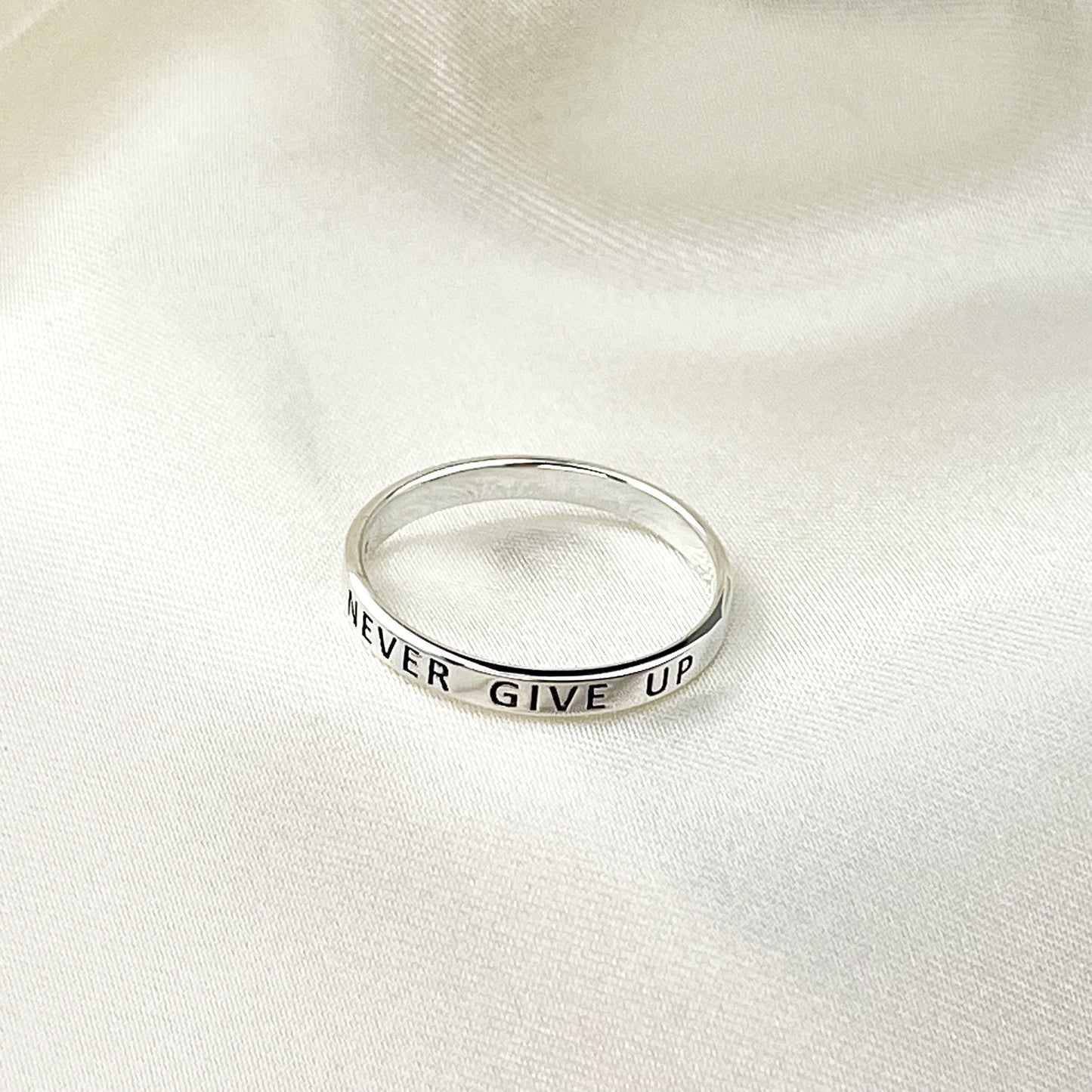 NEVER GIVE UP Ring - 925 Sterling Silver Engraved Stamp Finger Ring