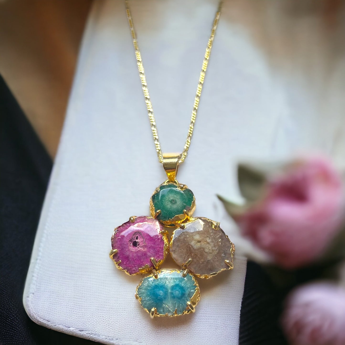 Colorful Agate Geode Pendant on Gold-Plated 925 Sterling Silver…