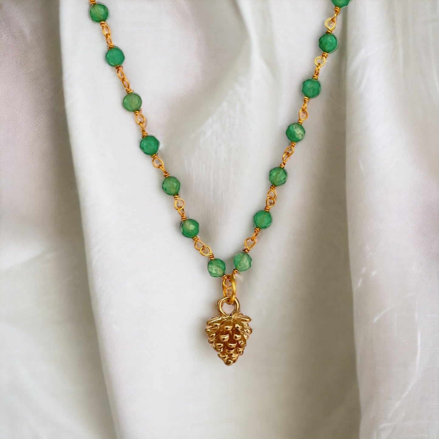 Gold-Plated Aventurine Gemstone Necklace with Pinecone Pendant…