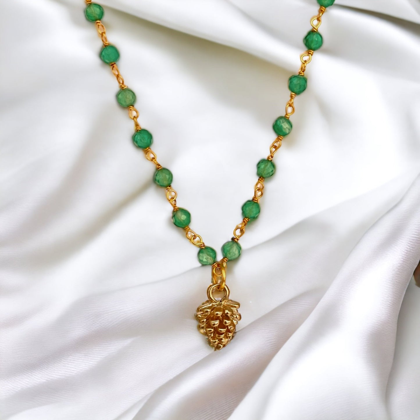 Gold-Plated Aventurine Gemstone Necklace with Pinecone Pendant…