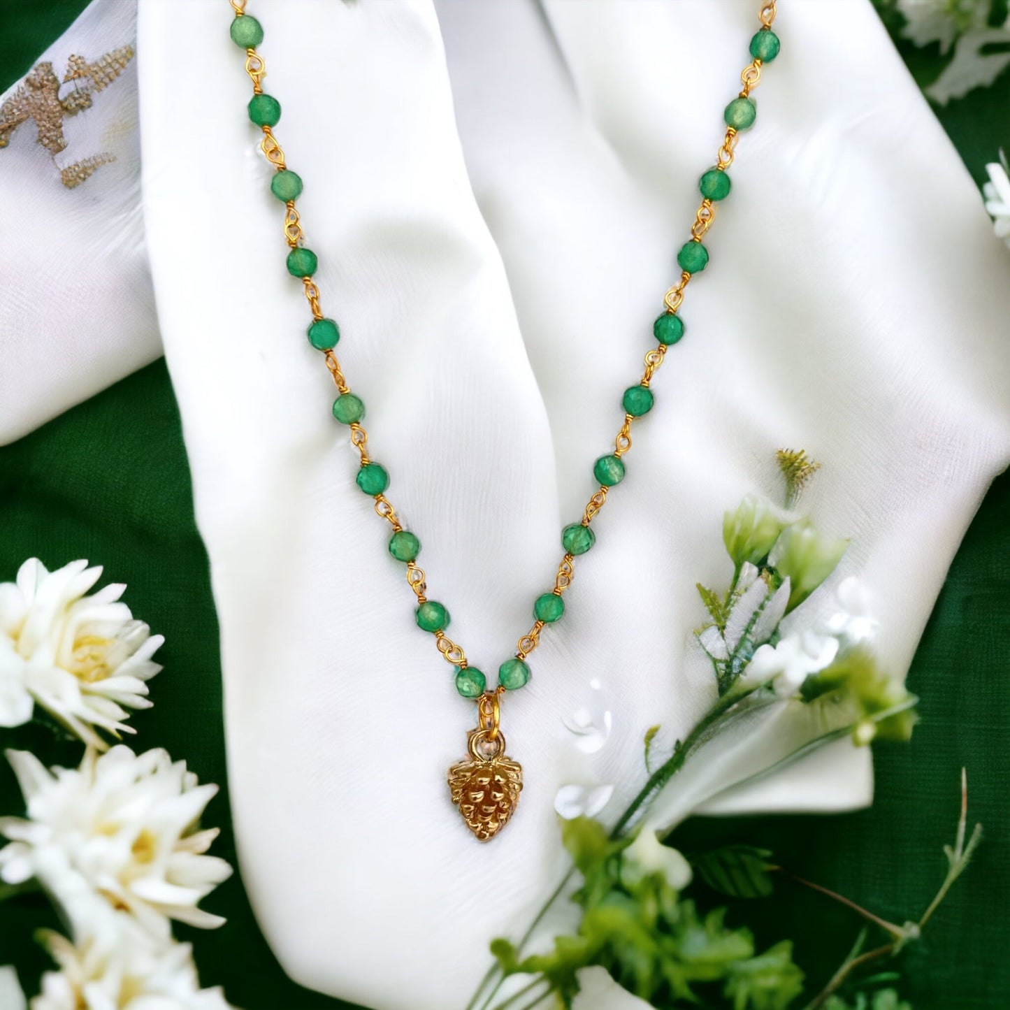 Gold-Plated Aventurine Gemstone Necklace with Pinecone Pendant…
