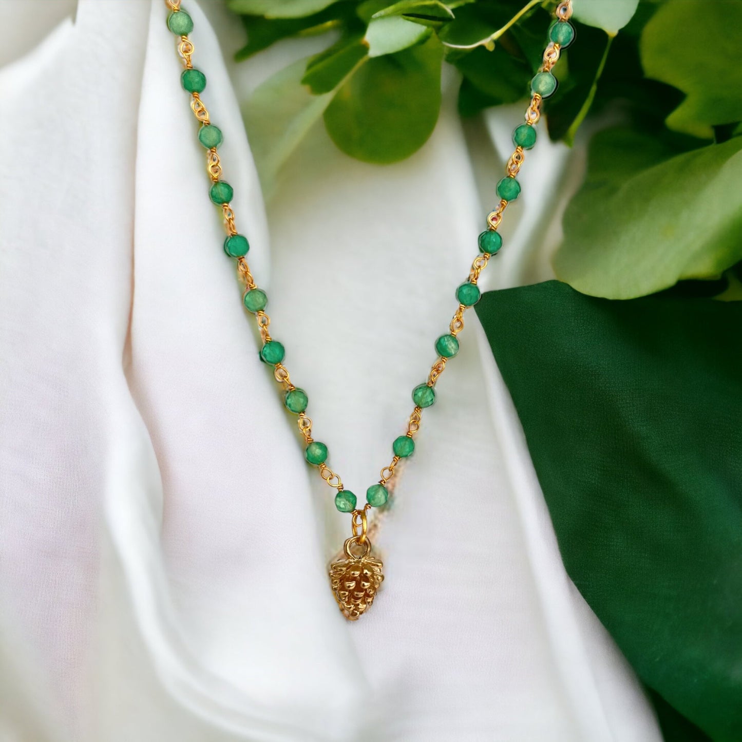 Gold-Plated Aventurine Gemstone Necklace with Pinecone Pendant…
