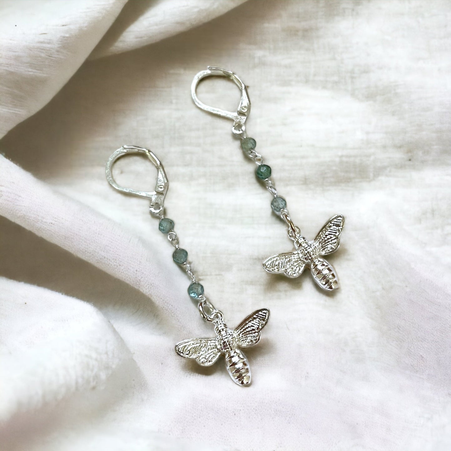 Enchanting Gemstone Earrings with Blue Apatite and Bee Pendant…