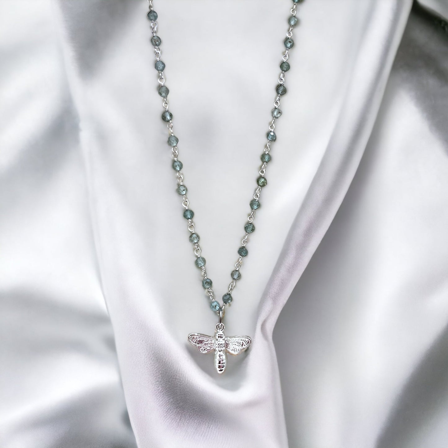 Gemstone Necklace with Blue Apatite and Bee Pendant – Elegant Nature…