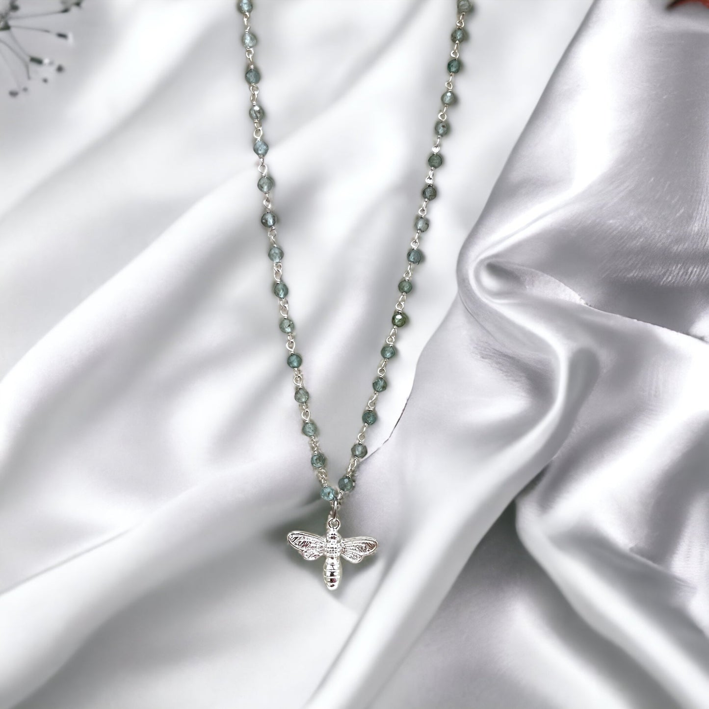 Gemstone Necklace with Blue Apatite and Bee Pendant – Elegant Nature…