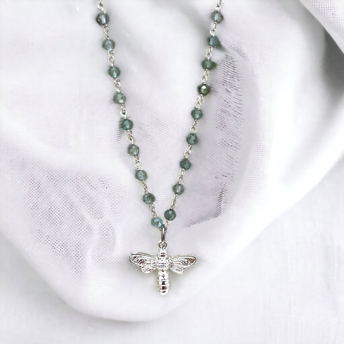 Gemstone Necklace with Blue Apatite and Bee Pendant – Elegant Nature-Inspired Design, 50 cm Length - VIK-85