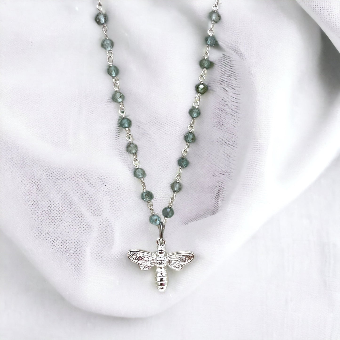 Gemstone Necklace with Blue Apatite and Bee Pendant – Elegant Nature…