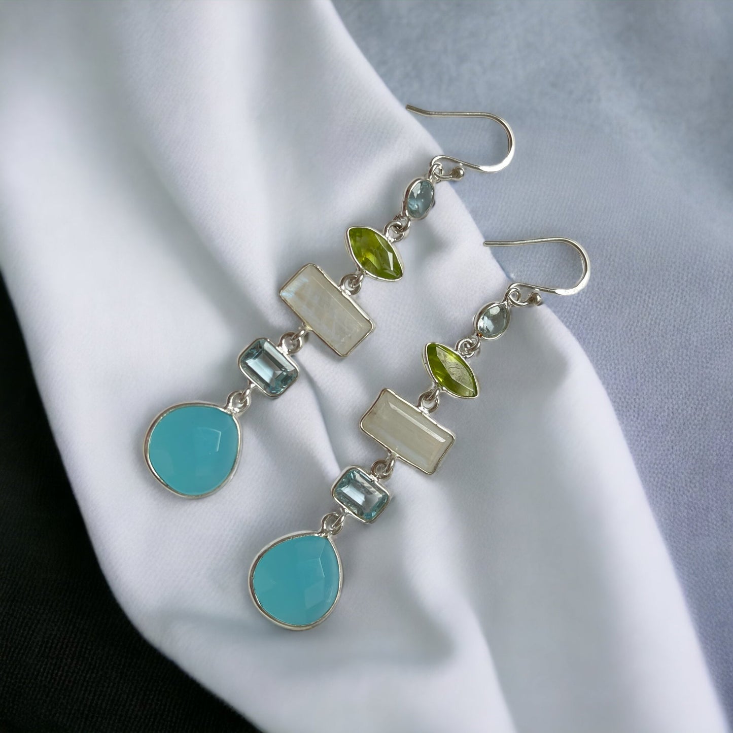 Multi Gemstone Earrings - 925 Sterling Silver - Rock Crystal…