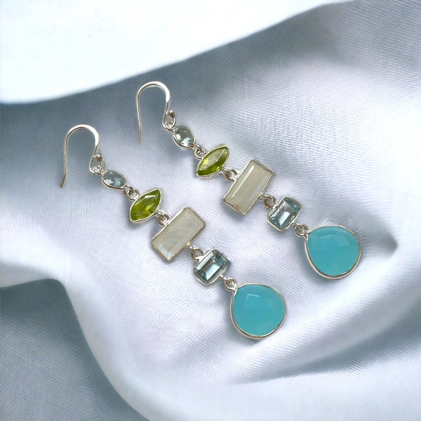 Multi Gemstone Earrings - 925 Sterling Silver - Rock Crystal…