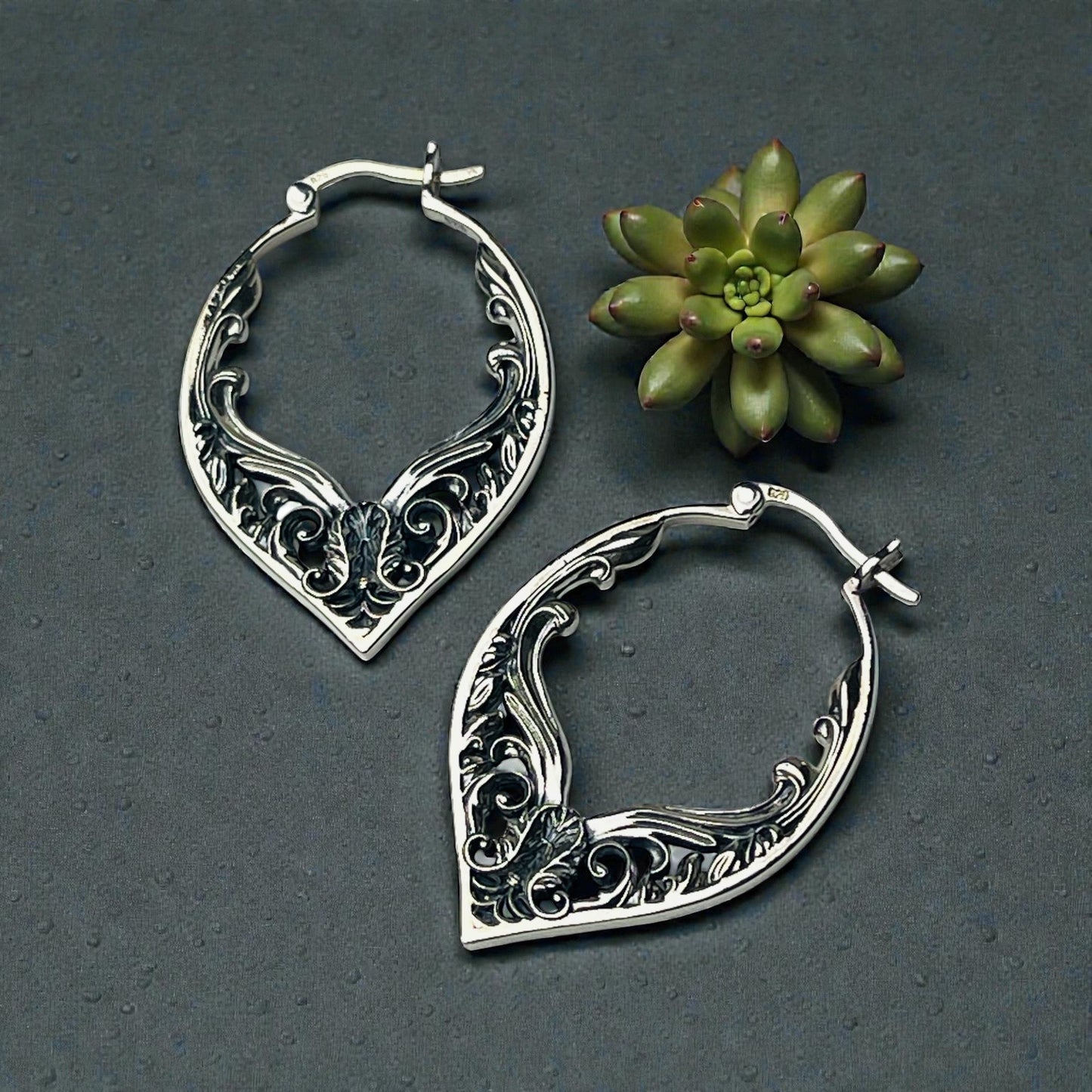 925 Sterling Silver Vintage Ornament Hoop Earrings – Finely…