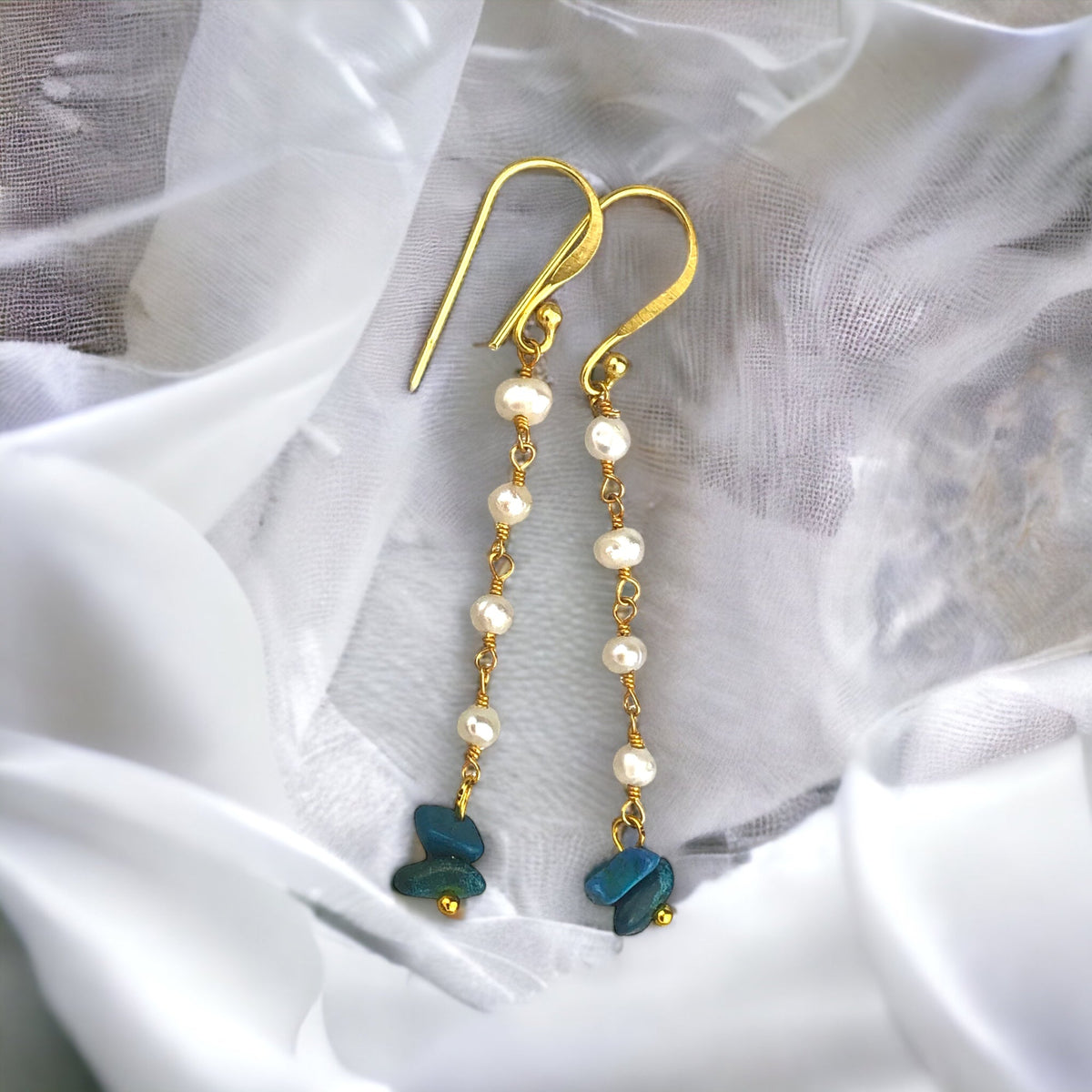 Elegant Earrings "Ocean Poetry" with Genuine Freshwater Pearls & Turquoise, 18K Gold-Plated 925 Sterling Silver, Hypoallergenic, 5 cm Long OHR925-58